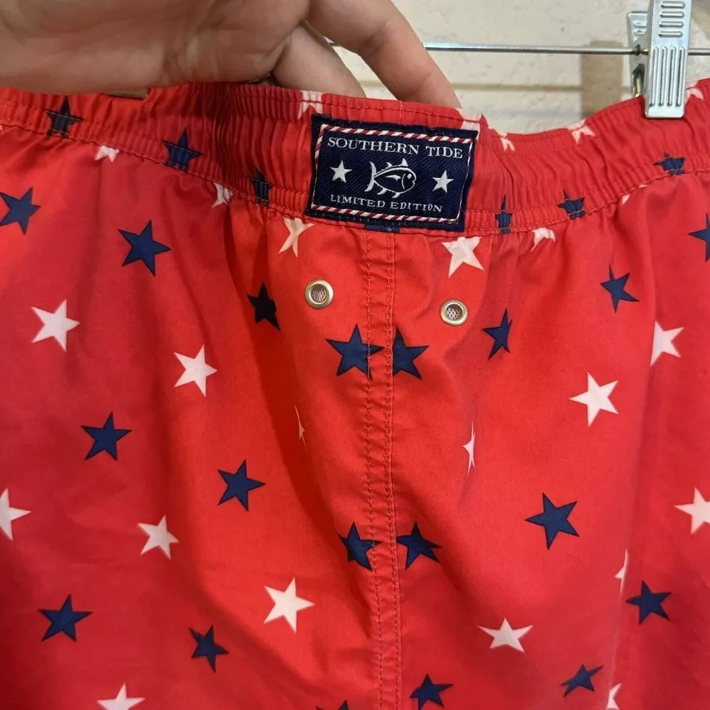 SOUTHERN TIDE SKIPJACK Boys Swim Trunks Size L 12/14 Stars Red White Blue Patrio